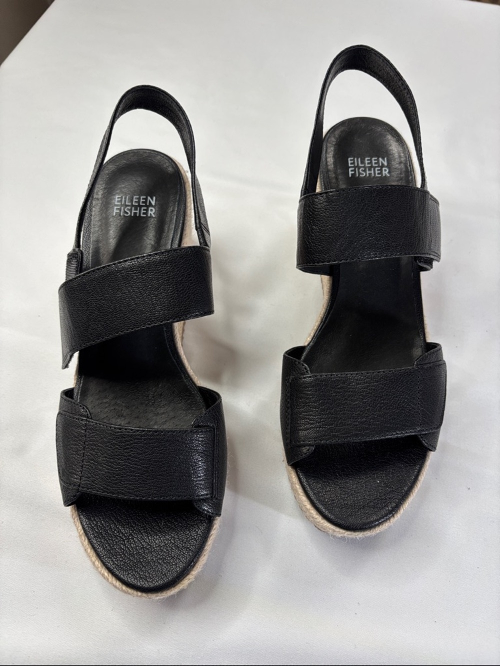 Eileen Fisher Black Leather Wedge Slingback Sandals